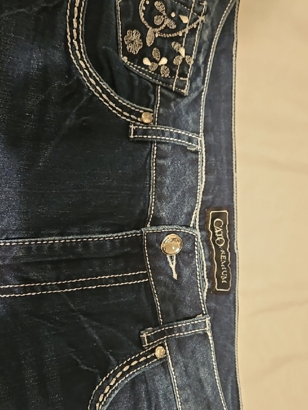 Cato Women's Dark Blue Boot Cut Jeans with White Embroidered Pocket - Picture 2 of 3